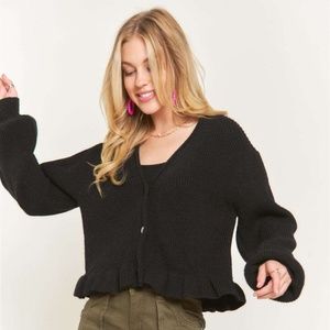 LONG PUFF SLEEVE BUTTON DOWN SWEATER CARDIGAN WITH RUFFLE HEM